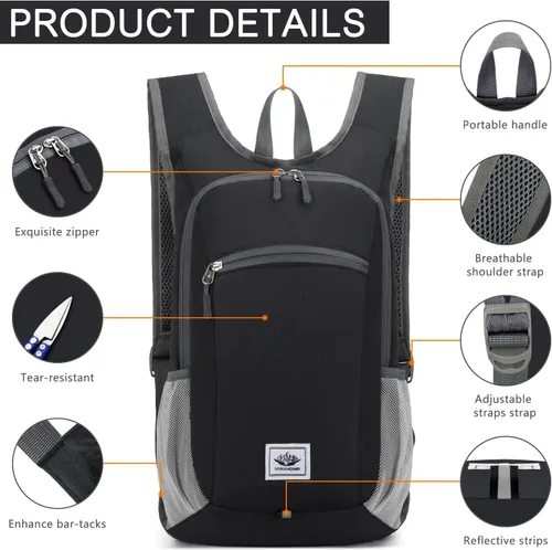 Vista 4 de Esup Mochila de senderismo ligera de 15L Mochila de viaje pequeña plegable Mochila de camping plegable para mujeres y hombres (negro)