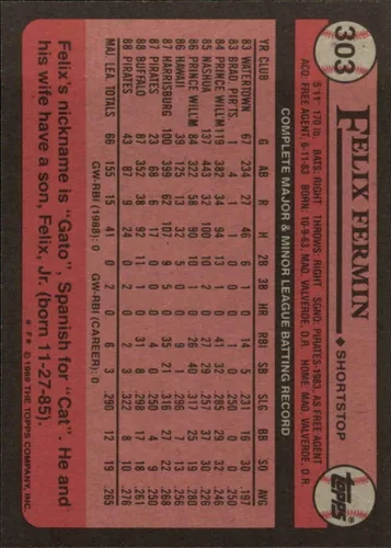 Vista 2 de 1989 Topps Baseball #303 Felix Fermin Pittsburgh Pirates Oficial MLB Trading Card (foto de stock usada, esquinas afiladas garantizadas)