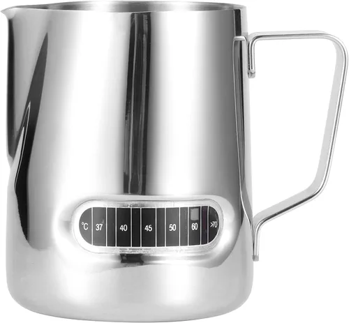 Vista 8 de Jarra de espuma de leche con termómetro integrado, jarra de espuma de leche de acero inoxidable de 16.9 fl oz, taza espumadora de leche, jarra