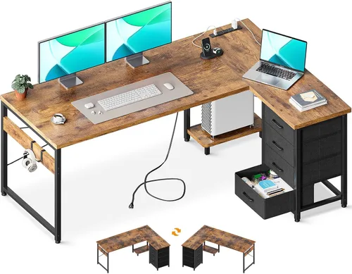 Vista 10 de AODK Escritorio para juegos en forma de L con 4 cajones, escritorios reversibles de oficina en casa de 53 pulgadas con tomas de corriente