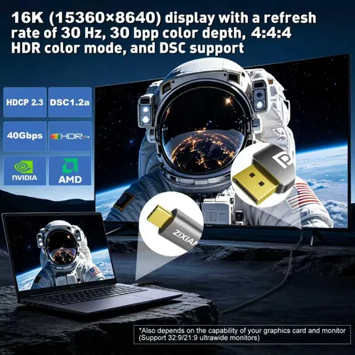 Vista 2 de Cable USB C a DisplayPort 2.1 de 6 pies [16K @30Hz 8K a 120Hz 4K @240Hz] 40Gbps unidireccional Thunderbolt 5/4 a cable de puerto de pantalla