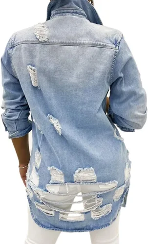 Vista 2 de SeNight Chaqueta de manga larga para mujer, con dobladillo, deshilachada y de jean, estilo camionero