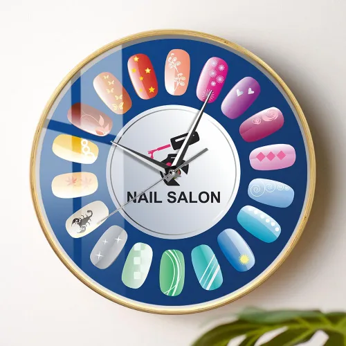 Vista 8 de Reloj de pared de salón de uñas de 12 pulgadas con marco de madera, silencioso sin tictac, funciona con pilas, esmalte de uñas y cuidado de dedos