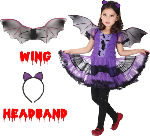 Vista 4 de Disfraz de vampiro de murciélago para niñas ropa de Halloween para niños vestido morado para cosplay Morado