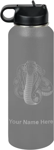 Vista 37 de LaserGram Botella de agua personalizada, serpiente de cobra, acero inoxidable de doble pared aislada al vacío con popote superior, regalo grabado
