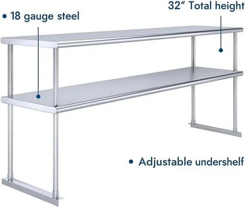 Vista 8 de Estante doble de acero inoxidable resistente con certificación NSF de calibre 18 con soportes para cocinas, cuartos de servicio, almacenamiento