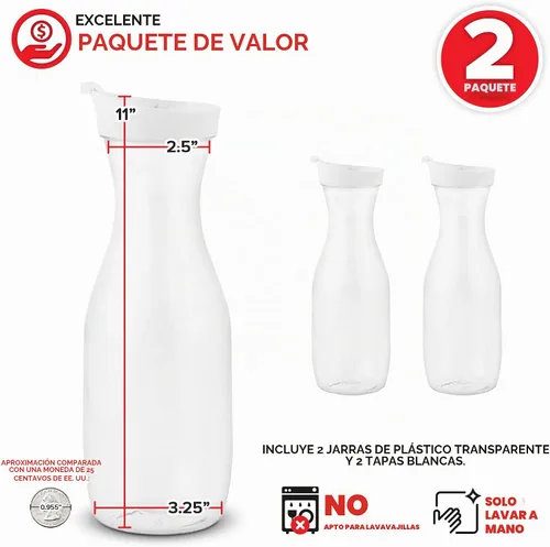 Vista 2 de Jarra de jugo de plástico con tapas (juego de 2) jarras de 32 onzas para barra de mimosa, jarra de bebidas con tapa, botella de agua, recipiente