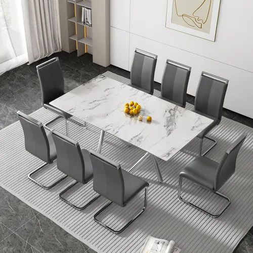 Vista 32 de Juego de 6 mesas de comedor de cristal, moderno juego de mesa de comedor de vidrio templado rectangular transparente de 71 pulgadas y 6 sillas