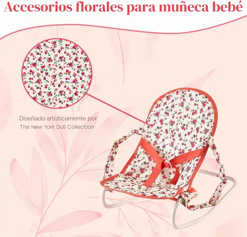 Vista 2 de Conjunto de accesorios para muñeca bebé floral, cuna para muñeca de 3-1, silla alta y asiento rebotador para muñeca. Accesorios para muñeca de 18