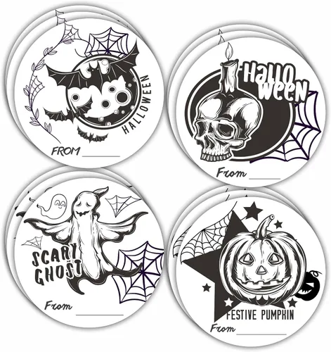 Vista 9 de 40 etiquetas redondas de Halloween, calcomanías redondas con tema de boceto de 2 pulgadas para envoltura de Halloween, 4 estilos de calavera