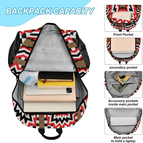 Vista 4 de Geométrico Agujero A Cuadros Negro Rojo Mochila Para La Escuela Y Bolsa De Almuerzo Bolsa Escolar Y Caja De Almuerzo Set Para Niños De 8-10 Años