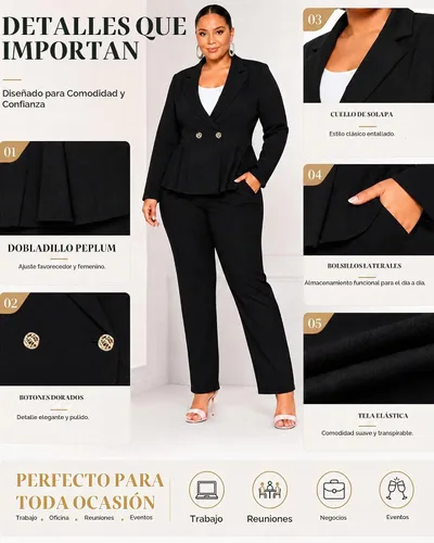 Vista 6 de CXXQ Pantalones tipo blazer peplum de 2 piezas para mujer, talla grande Negro