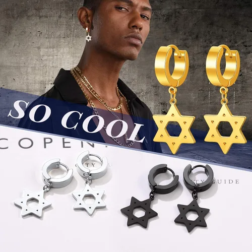 Vista 2 de Star of David Earrings for Men Women, Punk Jewelry, BlackGold Plated Stainless Steel, Hypoallergenic for Sensitive Ears, Come Gift Box