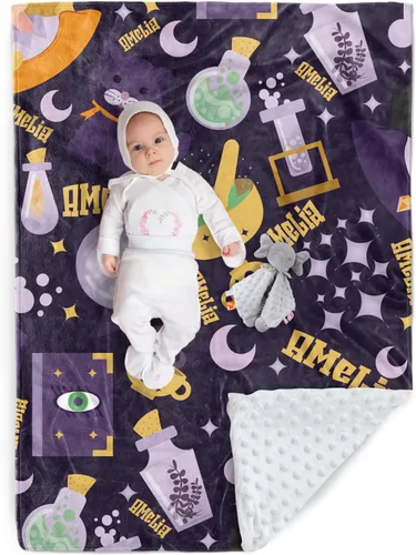 Vista 10 de Manta de Halloween personalizada, diseños de dibujos animados con nombre personalizable, manta de franela de felpa suave con respaldo punteado