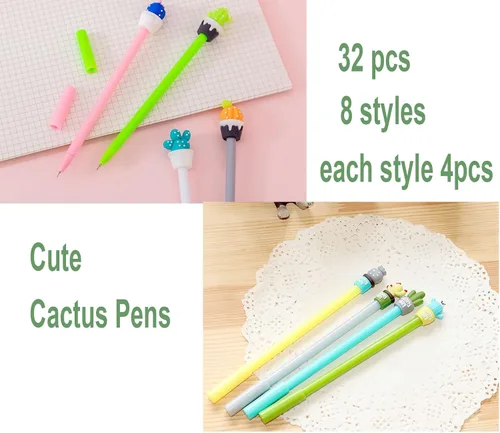 Vista 2 de YYaaloa 32 bolígrafos de tinta de gel novedosos con diseño de cactus de 0.020 in, tinta negra, estilos surtidos, divertidos bolígrafos kawaii a