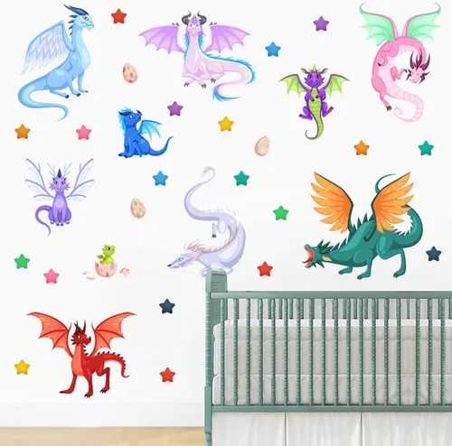 Vista 5 de Calcomanías creativas de pared de dragón de hadas, dibujos animados, alas grandes, dragones, huevos, estrellas, calcomanías de pared fáciles