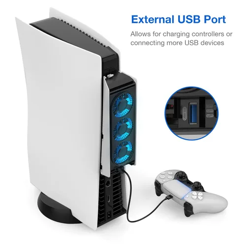Vista 3 de PS5 Cooling Fan, MEQI PS5 Accessories Upgraded Quiet Cooler Fan with LED Light & USB 3.0 Hubs, Efficient Cooling Station for Playstation 5