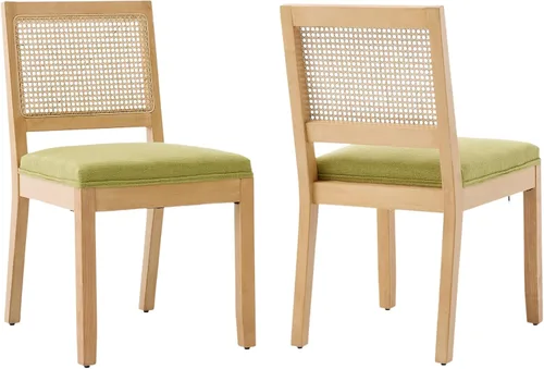 Vista 43 de ODUSE-DAILY Juego de 2 sillas de comedor French Country color beige, sillas de comedor de madera bohemia con respaldo tejido y asiento tapizado