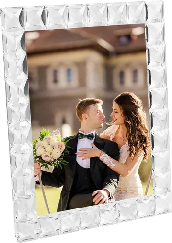 Vista 9 de Marco de fotos de cristal de lujo, diseño de cuadrícula de diamante, marco de fotos de recuerdo de boda, marco de decoración de mesa, transparente