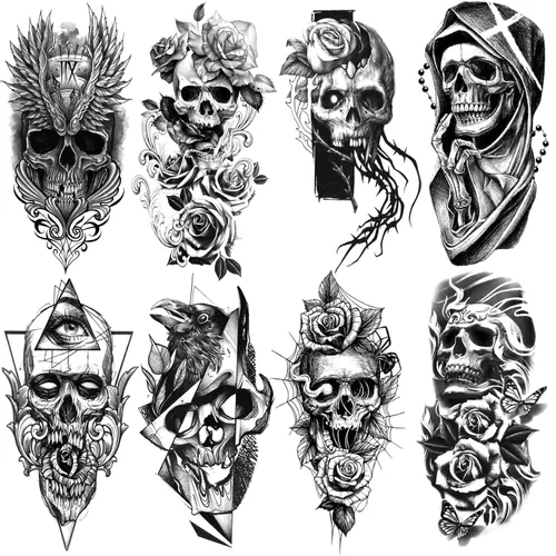 Vista 9 de 8 hojas de calcomanías temporales para tatuajes temporales de pierna de brazo de león del bosque, Jesús, cráneo, cráneo, rosa, corona de rosas