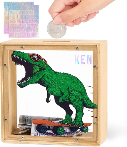 Vista 12 de Alcancía para niños, banco de monedas de madera para niños y niñas, dinosaurio unicornio alcancía con calcomanías de bricolaje para cumpleaños