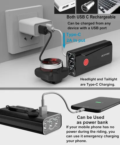 Vista 3 de Luces de bicicleta para conducción nocturna, luz de bicicleta de 6400 mAh delantera y trasera, USB C recargable, súper brillante, 1200 lúmenes