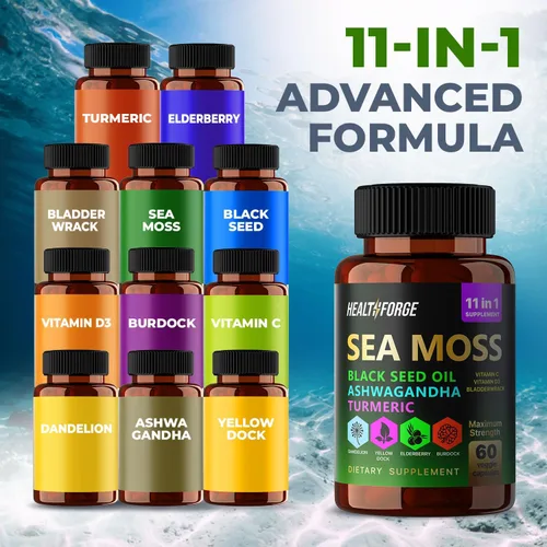 Vista 8 de Cápsulas de musgo marino irlandés Organic Seamoss 3000 mg Cápsulas de aceite de semilla negra 2000 mg Ashwagandha Suplementos 1000 mg de cúrcuma