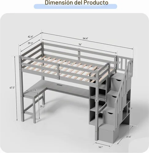 Vista 2 de Xilingol - Cama alta individual con escaleras y escritorio, cama alta de madera maciza, cama alta resistente con escritorio en forma de L, tiras
