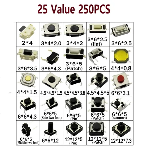 Vista 2 de 250pcs 25 valores Interruptor táctil de botón SMD Micro Momentary Tact Switch Surtido Kit