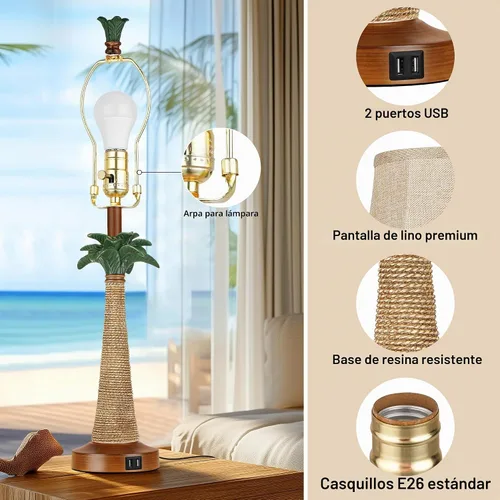 Vista 5 de Hamucd Juego de 2 lámparas de mesa con palmera costera con 2 puertos USB para sala de estar, playa, lámparas náuticas para mesita de noche