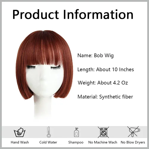 Vista 2 de Pelucas Bob con flequillo, peluca de cabello castaño rojizo de 10 Caoba