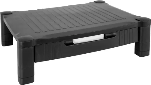 Vista 2 de Mount-It! Elevador de monitor con cajón Soporte de monitor de altura ajustable con almacenamiento deslizante de tres filas Elevador
