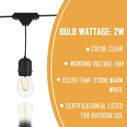 Vista 5 de Guirnalda de luces LED de 96 pies, IP65 impermeable, luces de patio al aire libre con 30 bombillas Edison inastillables, luces colgantes conectables