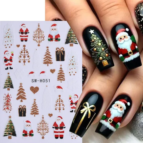 Vista 5 de Calcomanías de uñas de Navidad, calcomanías de uñas de invierno 3D, autoadhesivas, coloridas, cadena de luces, árbol de Navidad, reno, diseño