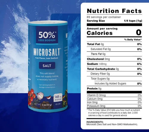 Vista 2 de Microsalt 50 % menos de sal de sodio, sustituto de sal regular, sal de condimento para cocinar, condimentar y hornear, sabor completo, menos sodio