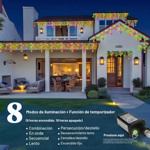 Vista 4 de Luces de Navidad para exteriores, 218 luces LED de cortina de Navidad de 13.8 pies, decoraciones de balcón al aire libre con 12 gotas de estrellas