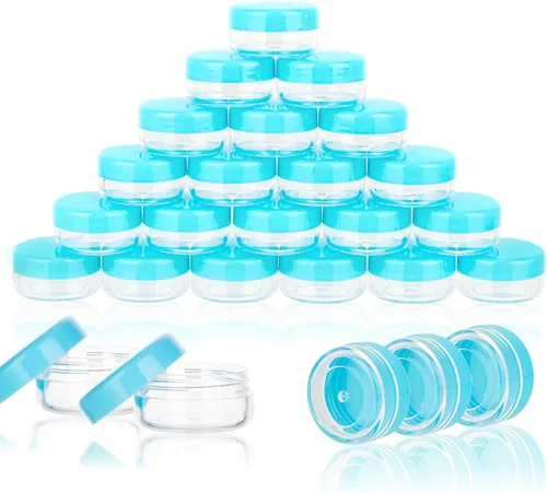 Vista 13 de Contenedores de cosméticos con tapas, tarros de loción de plástico, tarros para muestras, con tapa rosa, 0.2 oz, 25 unidades, Tarro de 3 gramos.