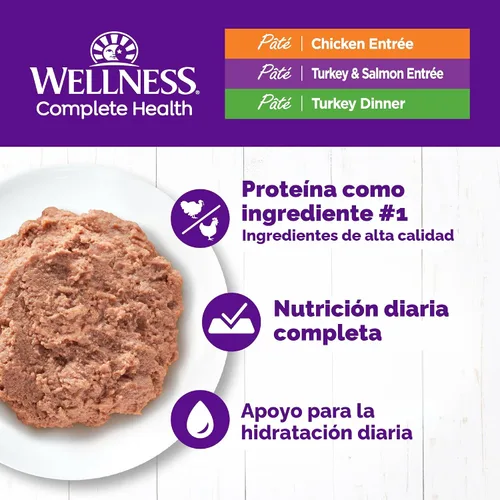 Vista 2 de Wellness Complete Health - Paquete variado de paté de comida húmeda enlatada para gatos adultos, natural, rica en proteínas, sin granos, favoritos