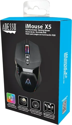 Vista 9 de Adesso iMouse X5 USB RGB iluminado para juegos - 7 botones, peso ajustable, interruptor DPI de 6 niveles hasta 6400, sensor óptico, diseño