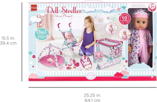 Vista 5 de Best Choice Products Juego de 15 piezas para niños de 13.5 pulgadas, muñeca recién nacida, juego de rol con cochecito, cuna de viaje, tapete