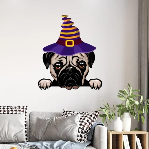 Vista 3 de Calcomanías de pared de Halloween con diseño de brujas, calcomanías de feliz Halloween, calcomanías de bienvenida para perro pug, decoración