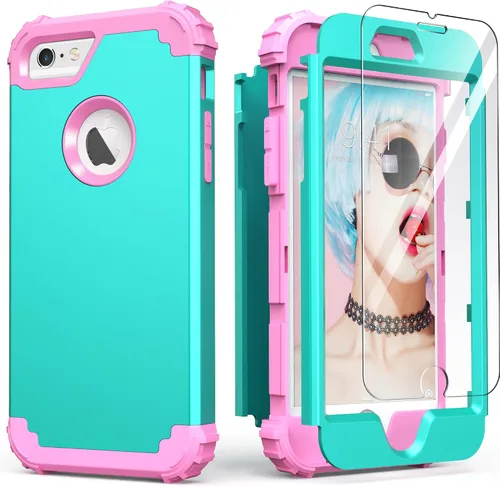 Vista 15 de IDweel Funda para iPhone 6S, funda para iPhone 6 con protector de pantalla, 3 en 1, resistente, absorción de impactos, cubierta de policarbonato