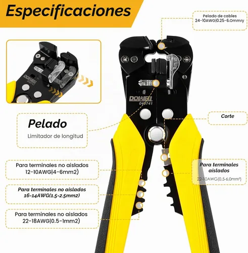 Vista 2 de DOWELL Pelacables automático 10-24 AWG, herramienta multifuncional 3 en 1 para pelar, cortar y engarzar, herramienta eléctrica duradera de alta