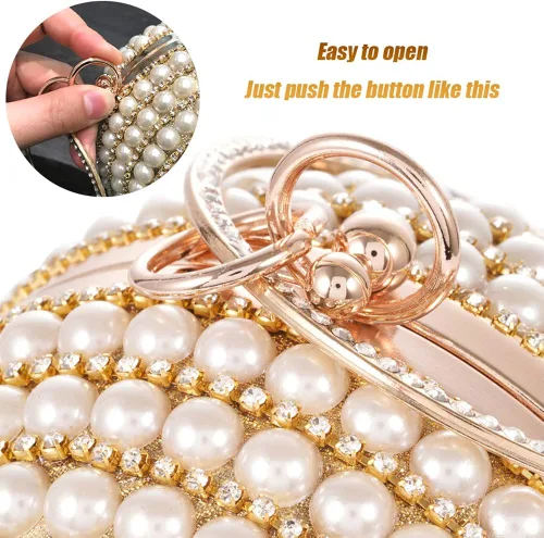 Vista 8 de Bolso redondo de la bola del embrague de la mujer deslumbrante completo Rhinestone borlas anillo de la manija del bolso de las perlas de la noche