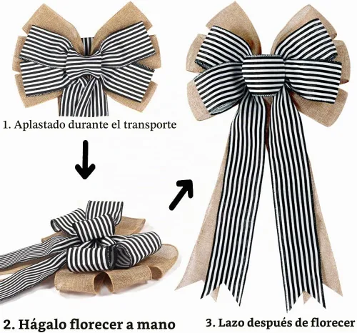 Vista 4 de Paquete de 2 lazos de arpillera a rayas negras y blancas de otoño para decoraciones de coronas, lazos de manualidades rústicas de granja