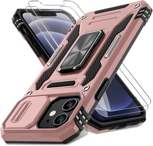 Vista 9 de DEERLAMN Funda para iPhone 12/12 Pro con cubierta deslizante para cámara + protector de pantalla (2 unidades), soporte de anillo giratorio de grado