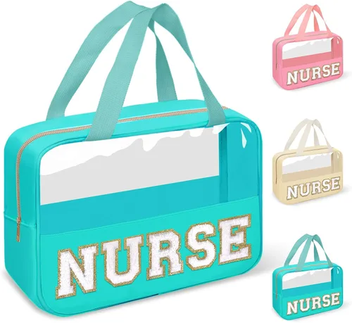 Vista 12 de izuzta Bolsas de maquillaje transparentes tipo tote con letras de chenilla, bolsa de maquillaje preppy con asa, Moda