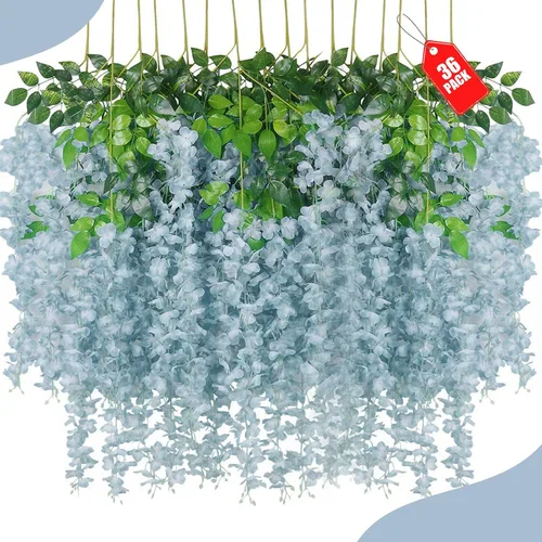 Vista 42 de Paquete de 12 flores colgantes de glicina rosa, flores colgantes falsas de 3.44 pies, guirnalda de glicina artificial para decoración de boda, telón