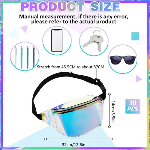 Vista 2 de Hillban Cangurera holográfica transparente de 20 unidades, bolsa de cinturón iridiscente a granel para mujer, impermeable, de PVC, con cinturón