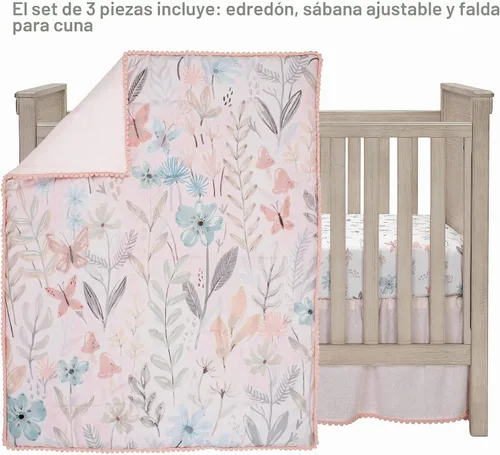 Vista 2 de Lambs & Ivy Baby Blooms - Juego de ropa de cama para cuna (3 piezas, diseño floral/mariposa), color rosa